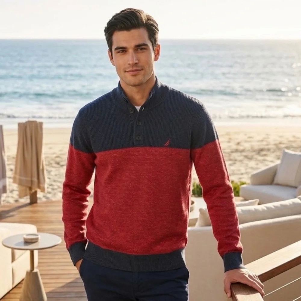 Nautica Red and Navy Two-Tone Zip-Front Sweater - Picture 8 of 8